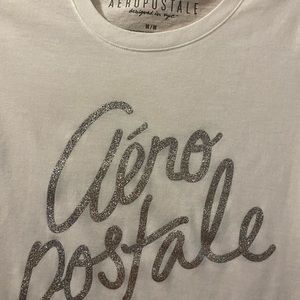 Aeropostale White TShirt Silver Glitter Logo Sz M